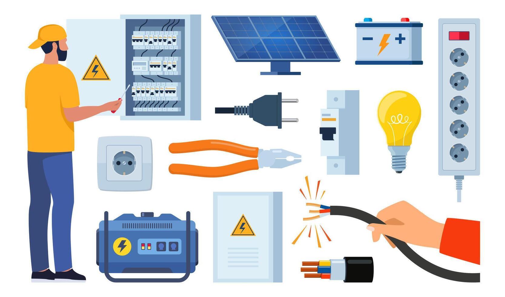 Essential Electrical Repair Tools for Professional Technician, Socket Maintenance Service. Electrician worker equipment for electric power system inspection. Electricity, energy concept. . vector
