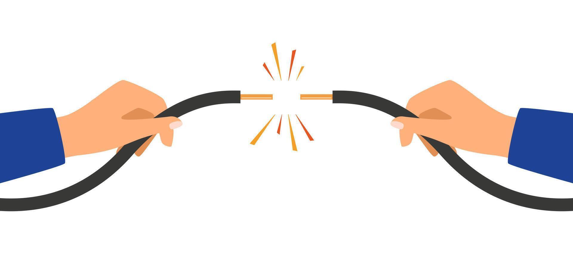 Hands holding broken electrical cable with electric spark. Electric broken cable isolated on white background. vector
