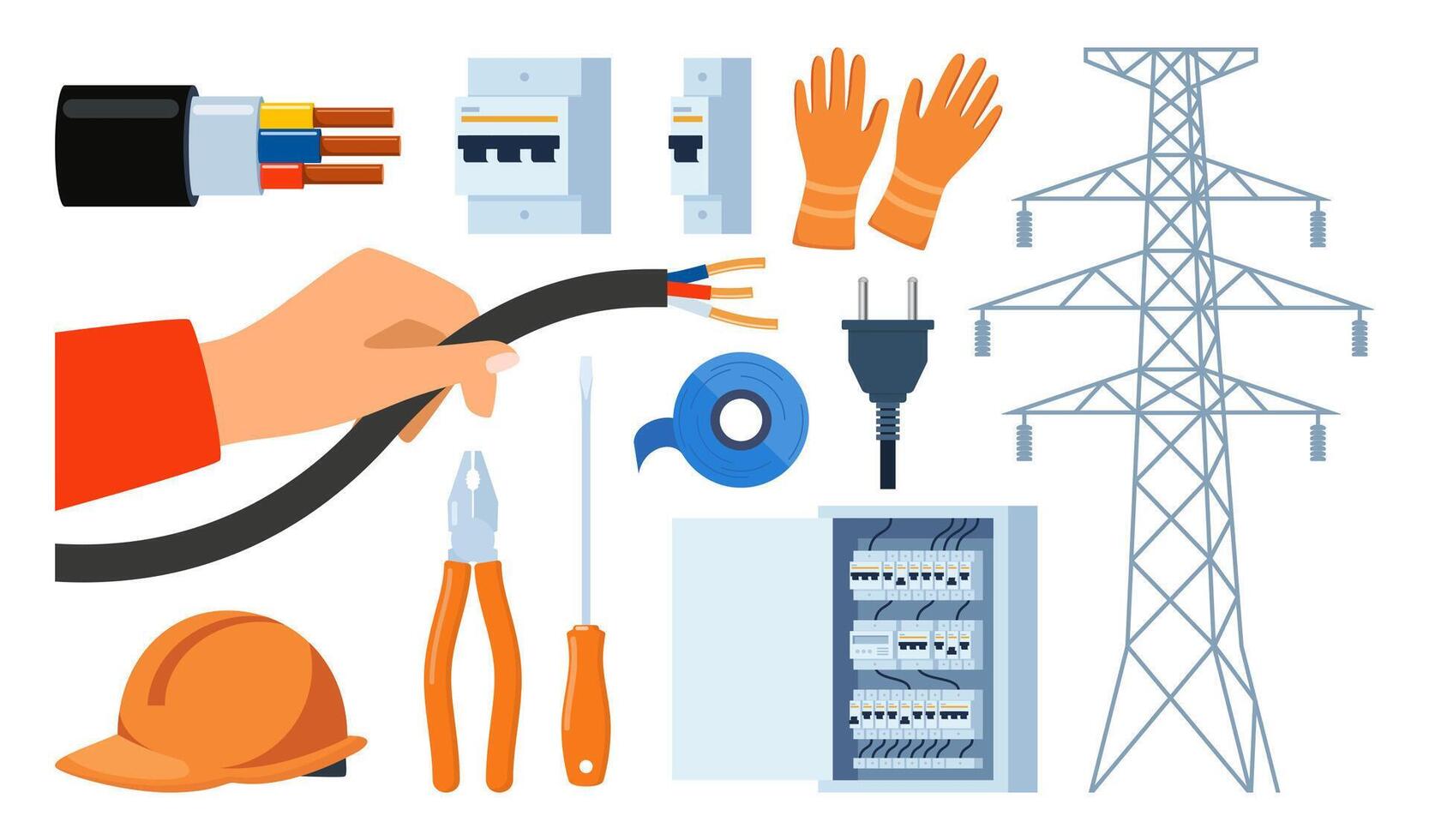 Essential Electrical Repair Tools for Professional Technician, Socket Maintenance Service. Electrician worker equipment for electric power system inspection. Electricity, energy concept. . vector