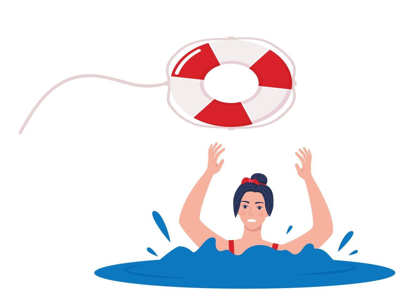 Drowning woman sticking out of the water trying to catch lifebuoy. Safety and urgent help. Rescue on water. Giving lifebuoy to drowning woman. illustration. vector