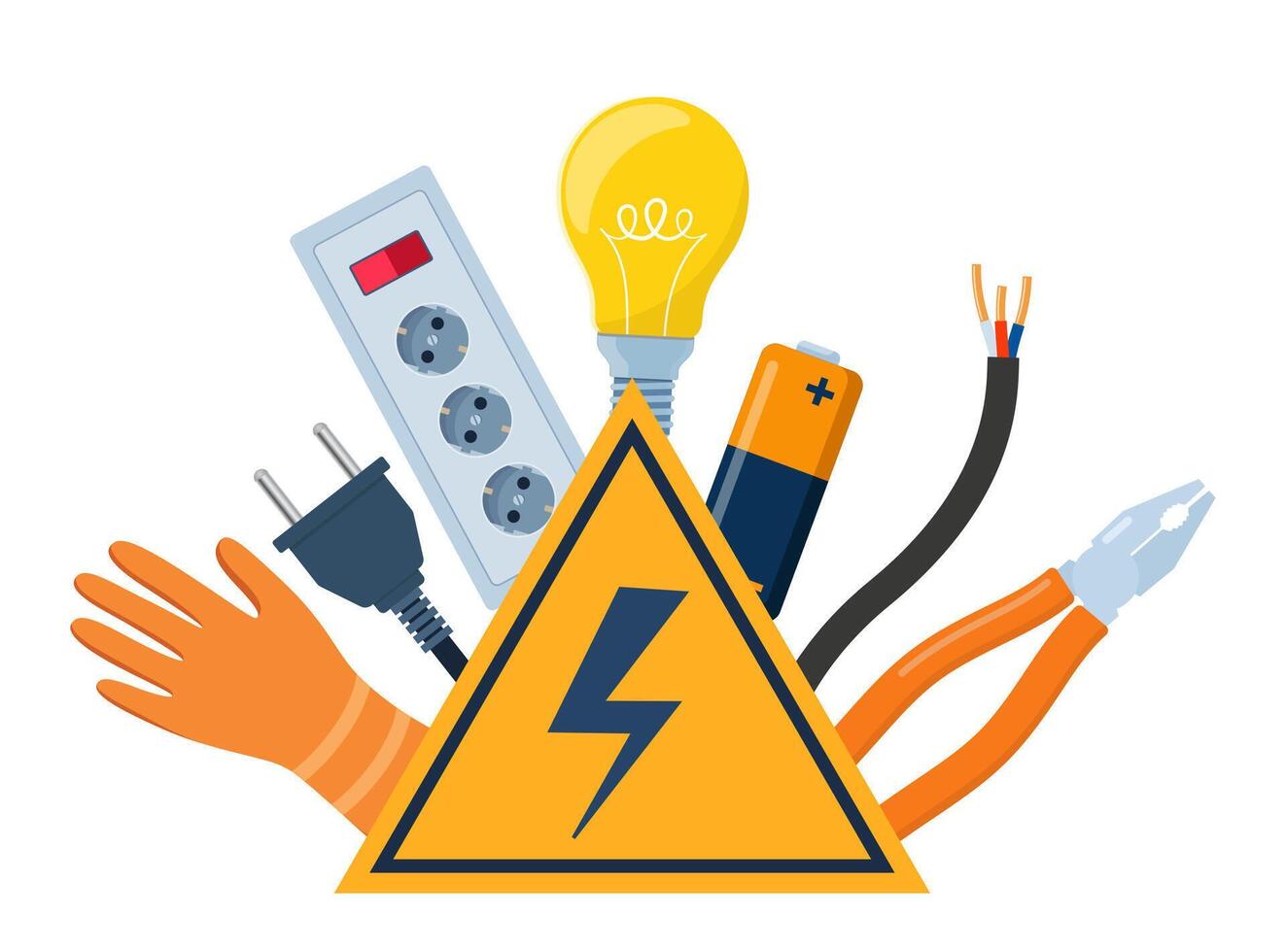 Essential Electrical Repair Tools for Professional Technician, Socket Maintenance Service. Electrician worker equipment for electric power system inspection. Electricity, energy concept. . vector