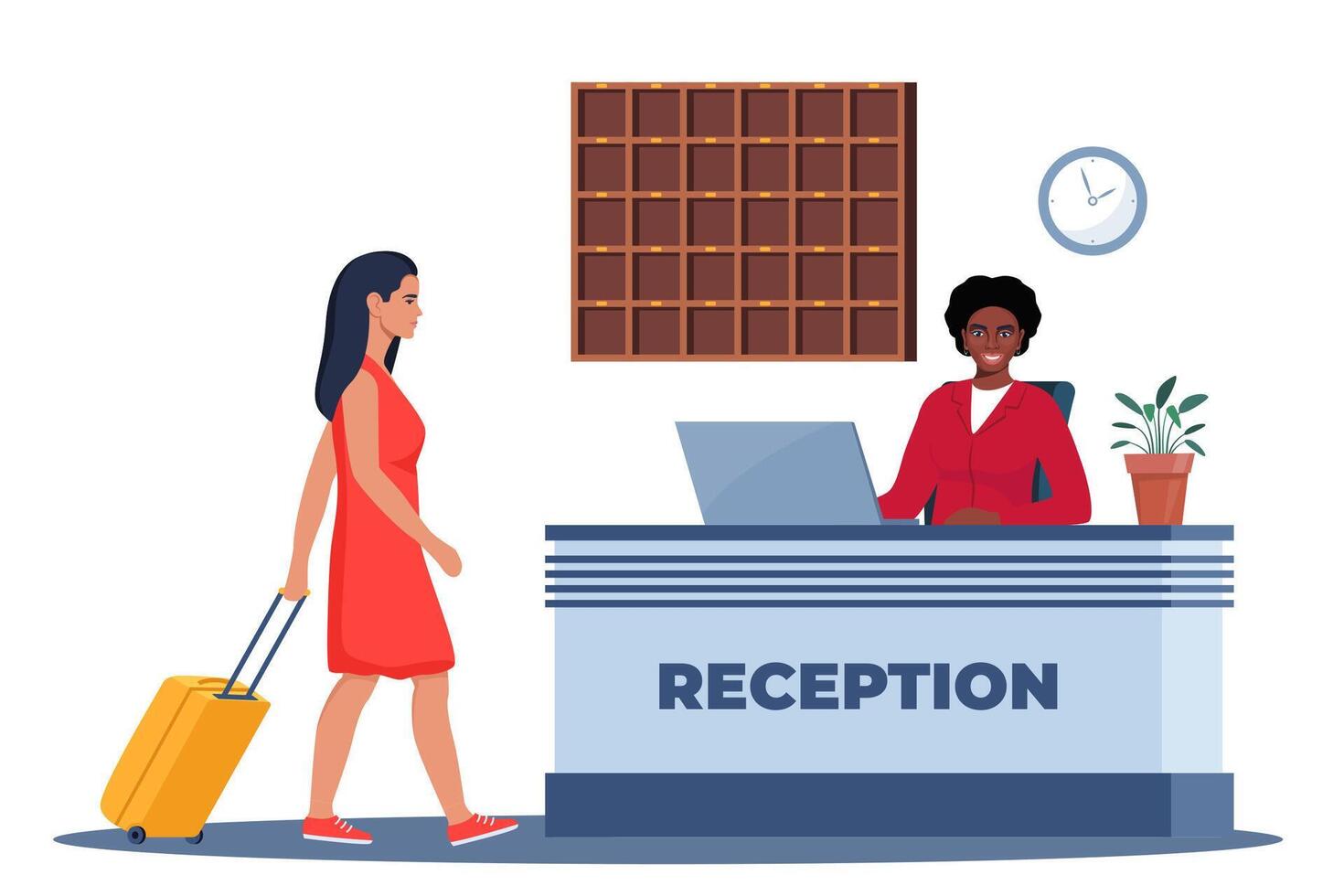 Hotel lobby, reception. Black woman receptionist behind the desk, guest with baggage checking in. Hotel Arriving. Tourism, business trip concept. Interior of inn. illustration. vector