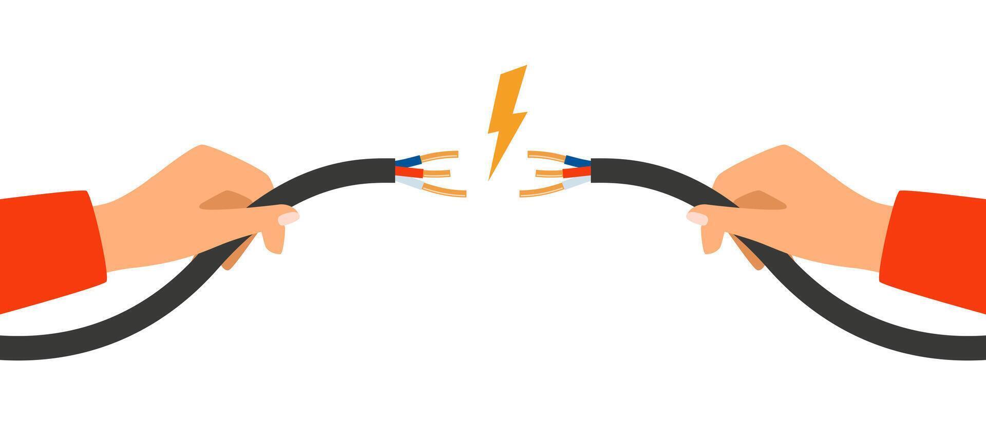Hands holding broken electrical cable with electric spark. Electric broken cable isolated on white background. vector