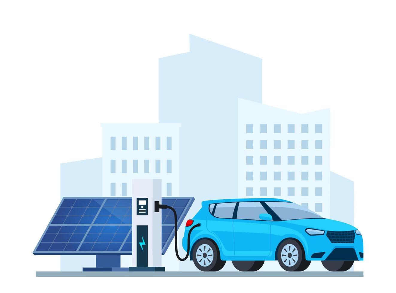 Electric car charging, side view. Solar panel. Modern urban landscape with high-rise buildings skyscrapers. Ecologically clean transport, eco-city. illustration. vector