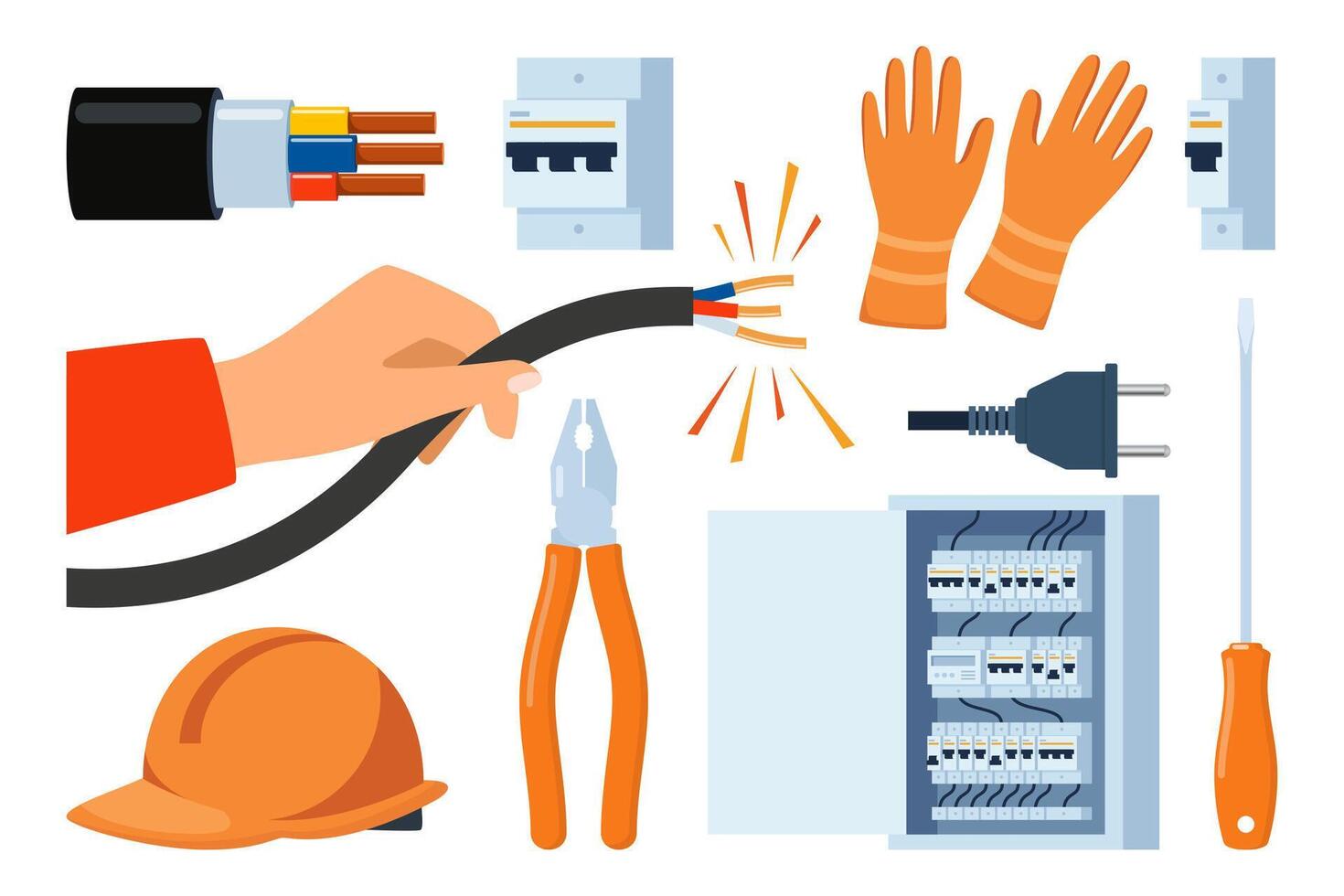 Essential Electrical Repair Tools for Professional Technician, Socket Maintenance Service. Electrician worker equipment for electric power system inspection. Electricity, energy concept. . vector