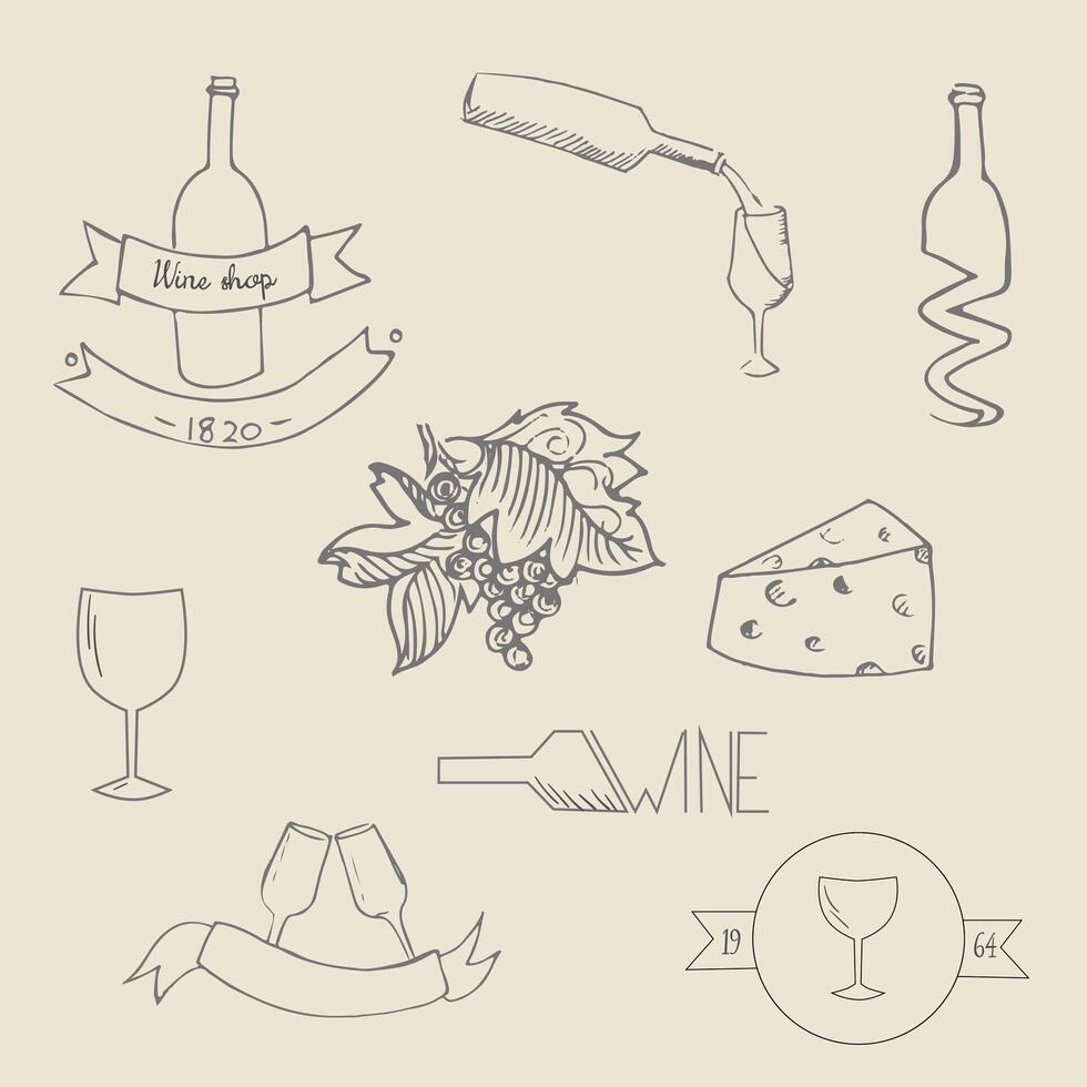 Wine icon label doodle hand drawn illustration vector
