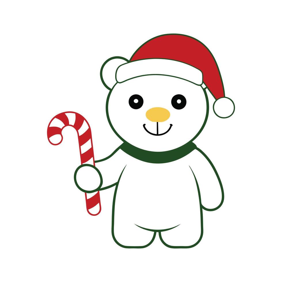 Bear Cub Holding a Candy Cane and Wearing a Santa Hat vector