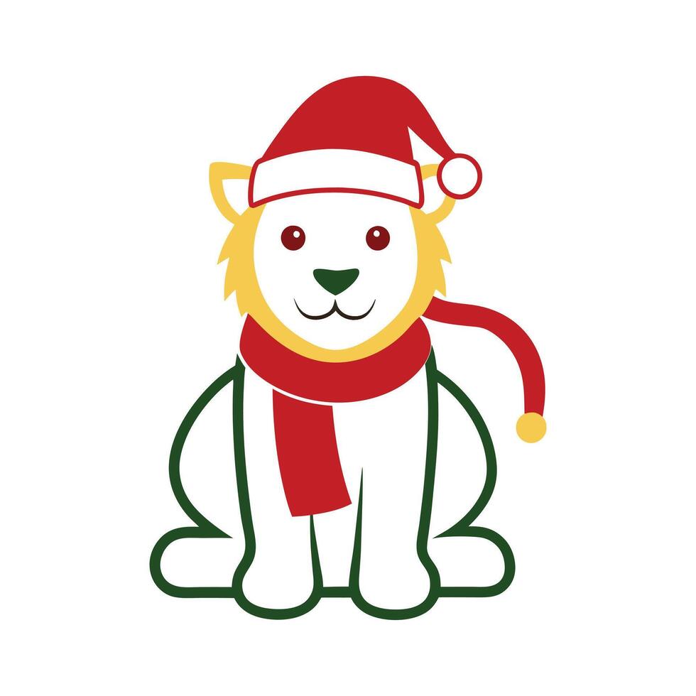 adorable outline of a lion cub in Santa hat design vector