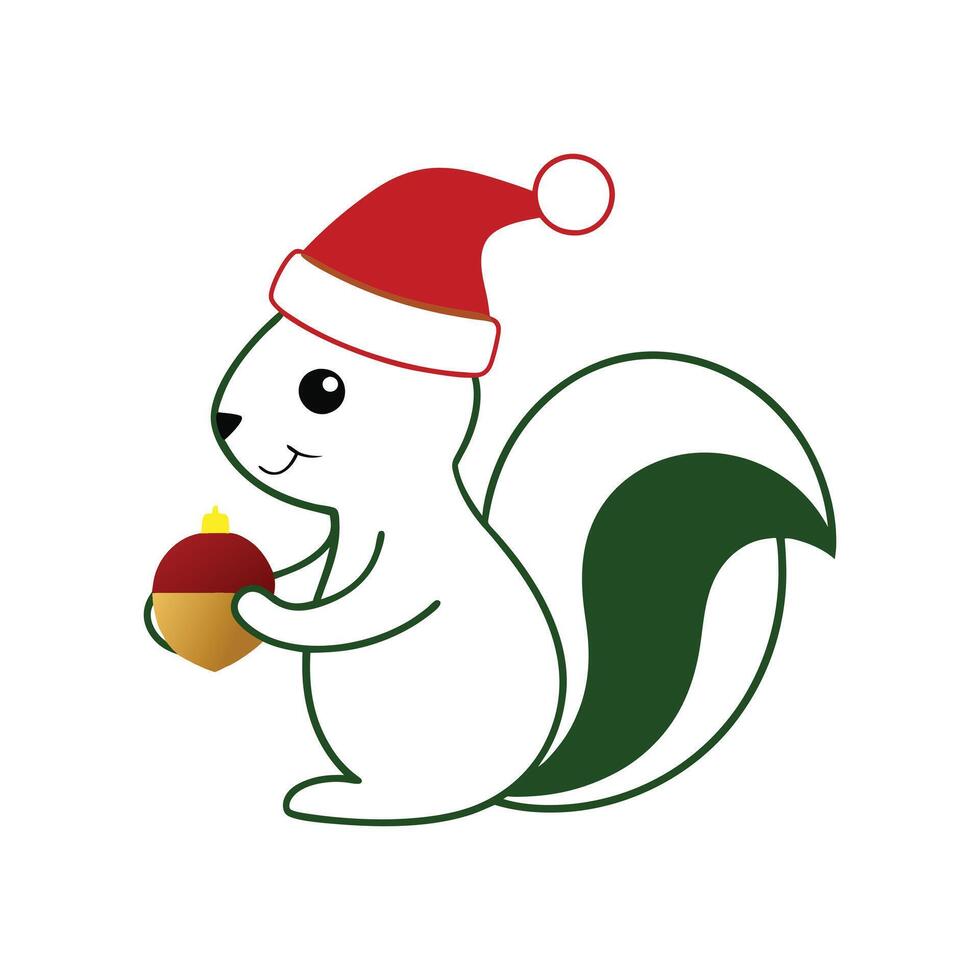 Festive Outline of a Squirrel Holding an Acorn with Santa Hat vector