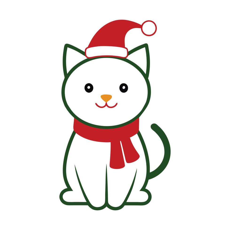 adorable outline of a cute cat in a Santa Claus hat and scarf on a crisp white background vector