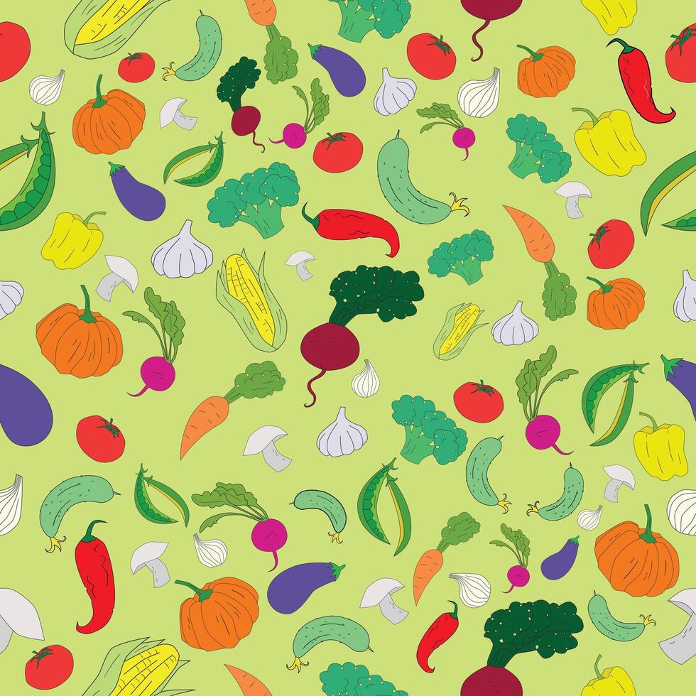 Seamless pattern color vegetables background doodle hand drawn illustration vector