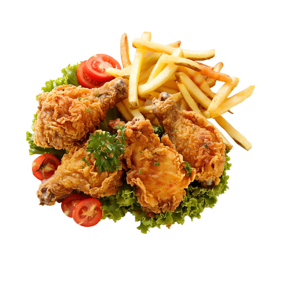 Fried chicken and french fries on a plate png