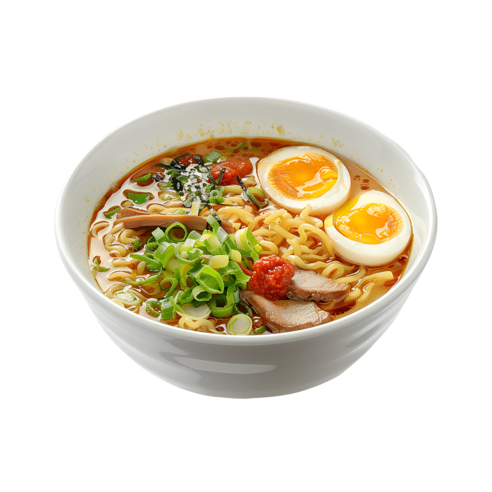 A bowl of ramen with an egg and vegetables png