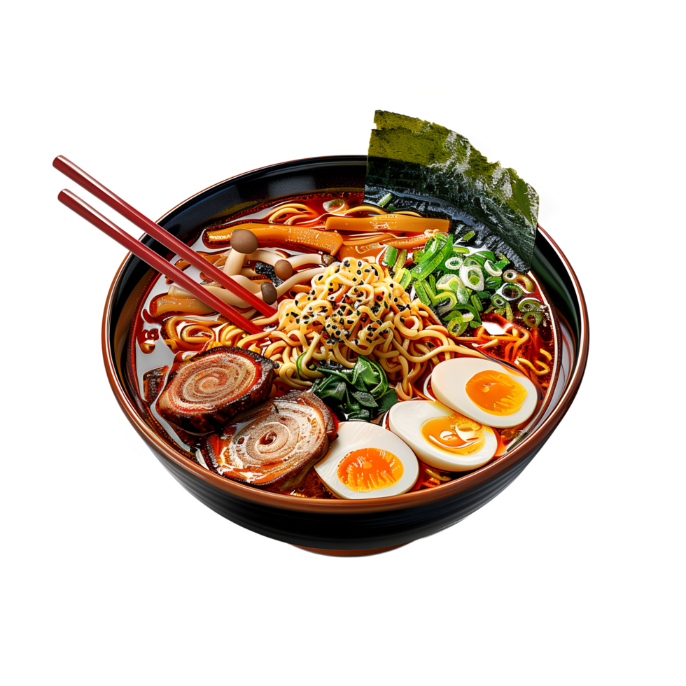 A bowl of ramen with chopsticks and eggs png