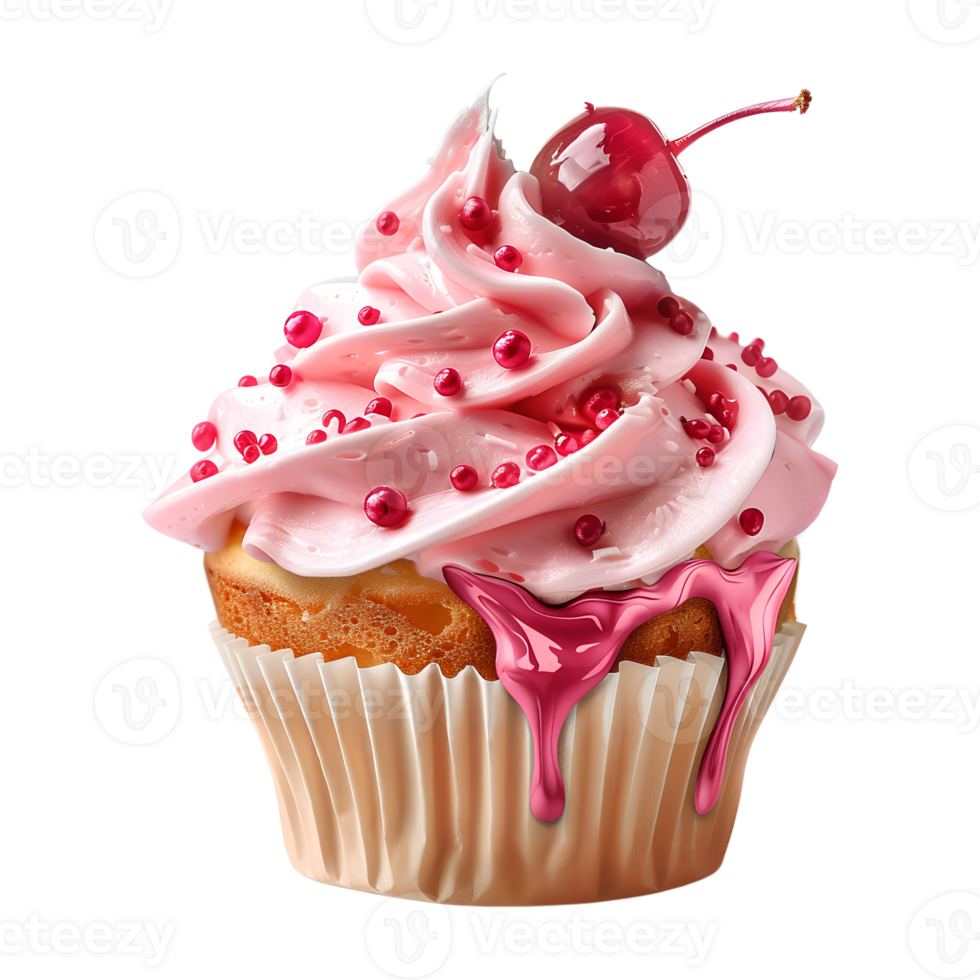 A cupcake with pink icing and cherry on top png
