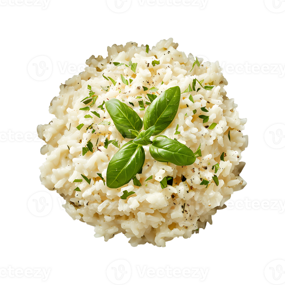 A bowl of rice with basil leaves on top png