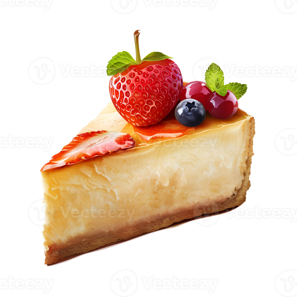 A slice of cheesecake with berries and strawberries png