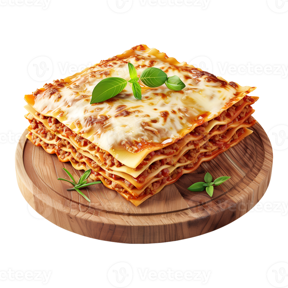A piece of lasagna on a wooden board png