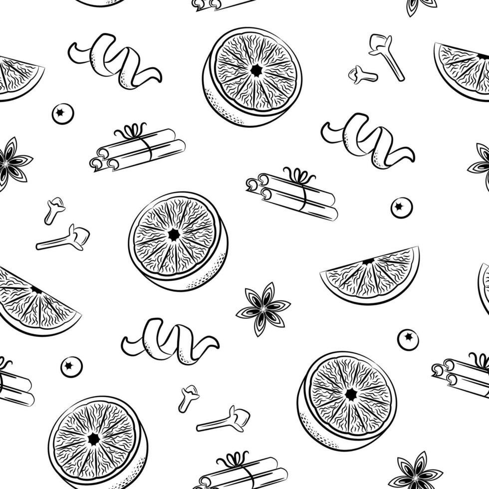 Ingredients for mulled wine. Orange, star anise, cinnamon, cloves. Seamless pattern on white background. vector