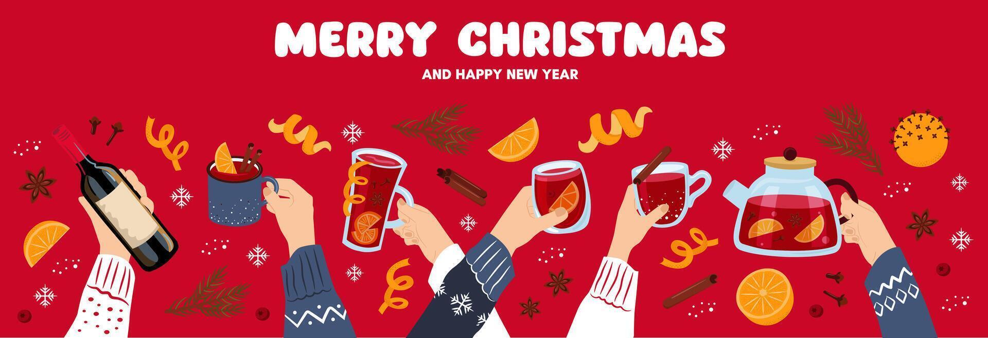 Merry Christmas banner with group of people drinking winter drinks. Hands hold cups of mulled wine. People celebrate Christmas and New Year together. vector