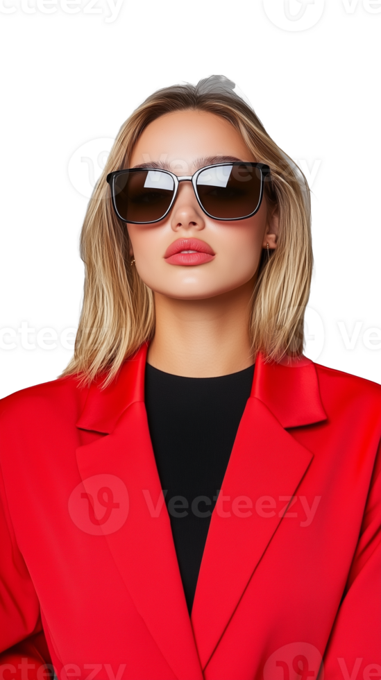 A blonde woman wearing a red jacket and black sunglasses, isolated on a transparent background. Perfect for fashion and style projects. png