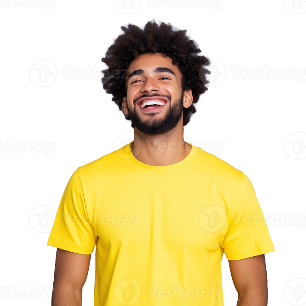 A cheerful man with an afro hairstyle wearing a yellow t-shirt, smiling widely, isolated on a transparent background. png