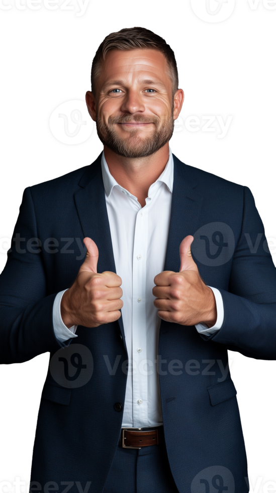 A smiling man in a business suit giving thumbs up, standing against a transparent background. png