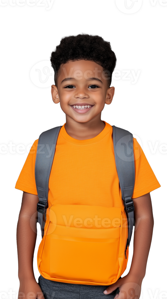 A smiling young boy with a yellow backpack and orange t-shirt, isolated on a transparent background. Ideal for back-to-school and childhood themes. png