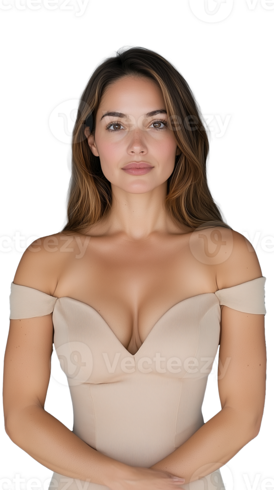 A confident woman wearing a beige off-shoulder top, arms crossed, isolated on a transparent background. Ideal for fashion and beauty concepts. png