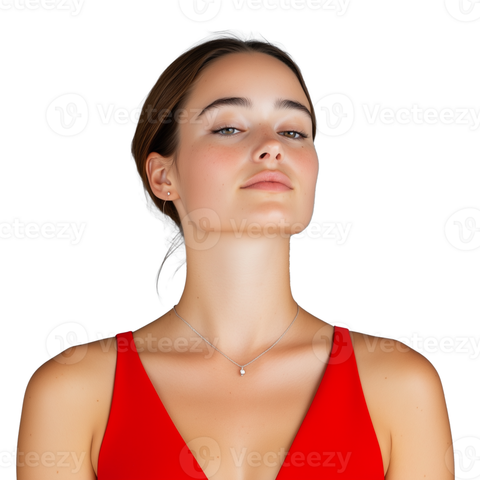 A confident woman wearing a red dress, head slightly tilted upward, isolated on a transparent background. Perfect for fashion and beauty concepts. png
