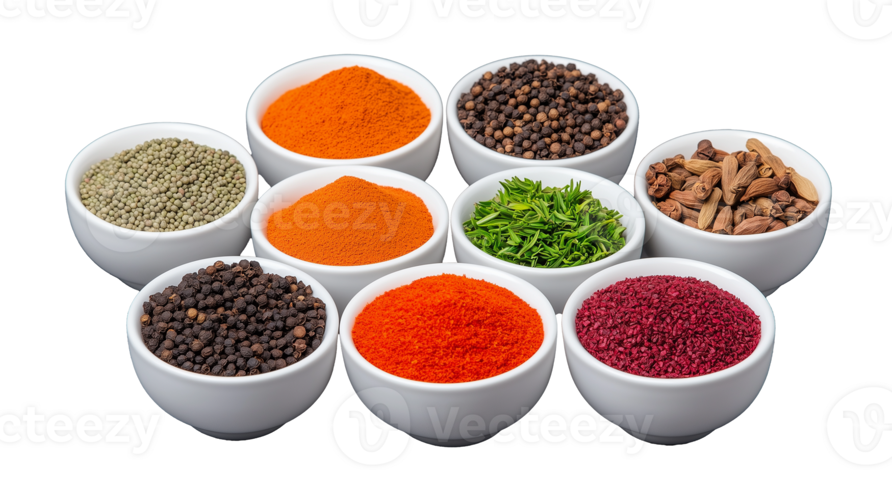 Different spices in white bowls, isolated on a transparent background. Perfect for food and culinary projects. png