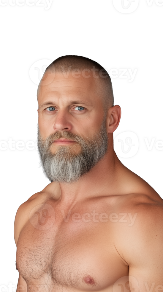 A shirtless man with a grey beard, facing forward, isolated on a transparent background. Ideal for fitness and strength-related themes. png