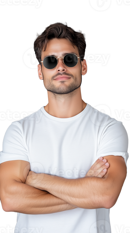 A confident young man in a white t-shirt, wearing sunglasses, arms crossed, isolated on a transparent background. Ideal for casual and fashion themes. png