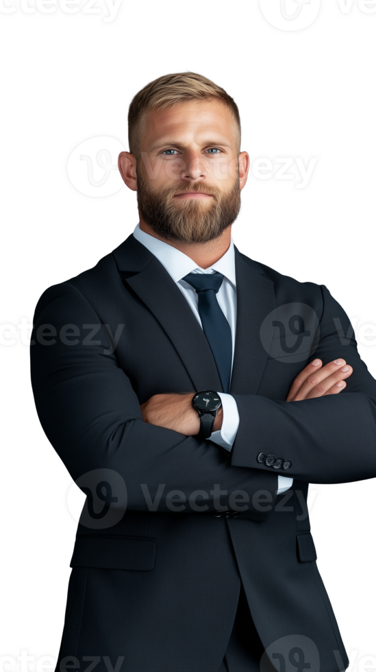 A confident man in a black suit with arms crossed, standing against a transparent background. Perfect for business concepts. png
