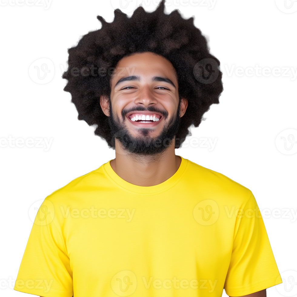 A smiling man with an afro hairstyle wearing a yellow t-shirt, isolated on a transparent background. Perfect for casual and fashion themes. png