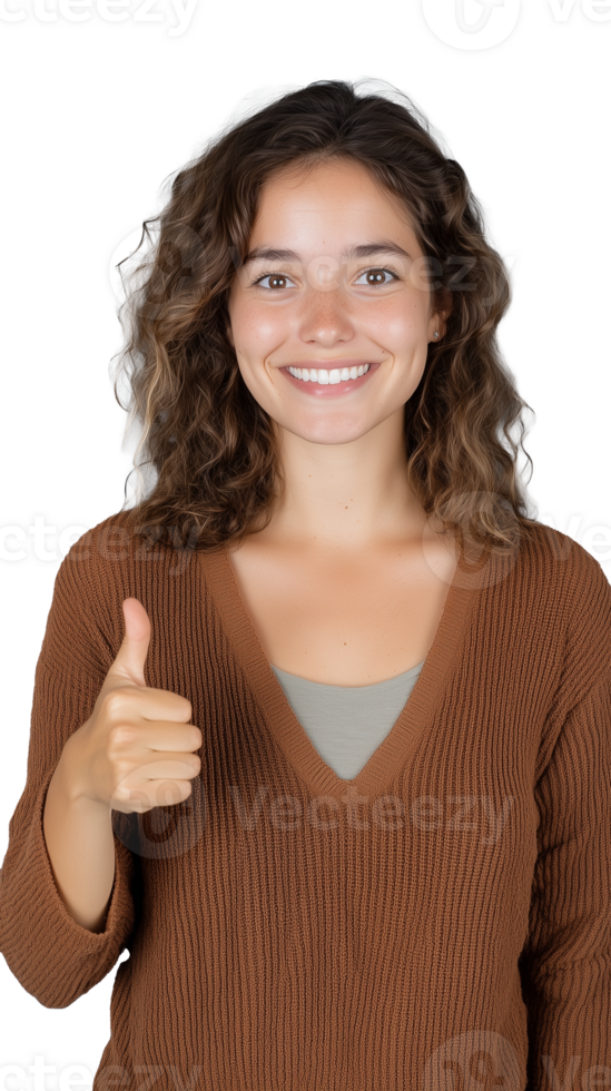 A woman in a brown sweater smiling and giving a thumbs-up, isolated on a transparent background. Ideal for approval and positivity themes. png