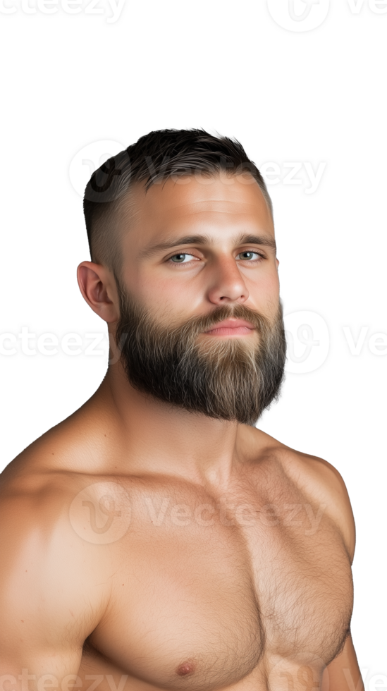 A shirtless muscular man with a trimmed beard, isolated on a transparent background. Great for fitness and health concepts. png