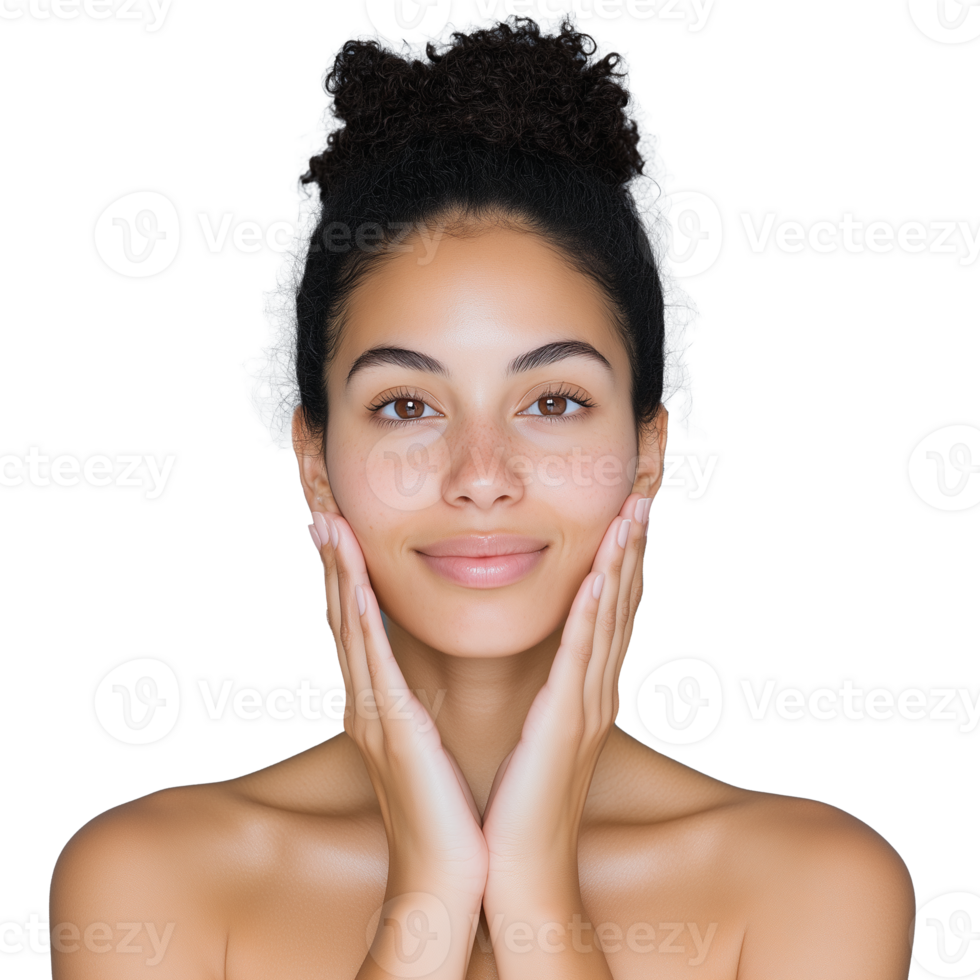 A woman with her hair tied up, resting her face on her hands, isolated on a transparent background. Perfect for skincare and relaxation themes. png