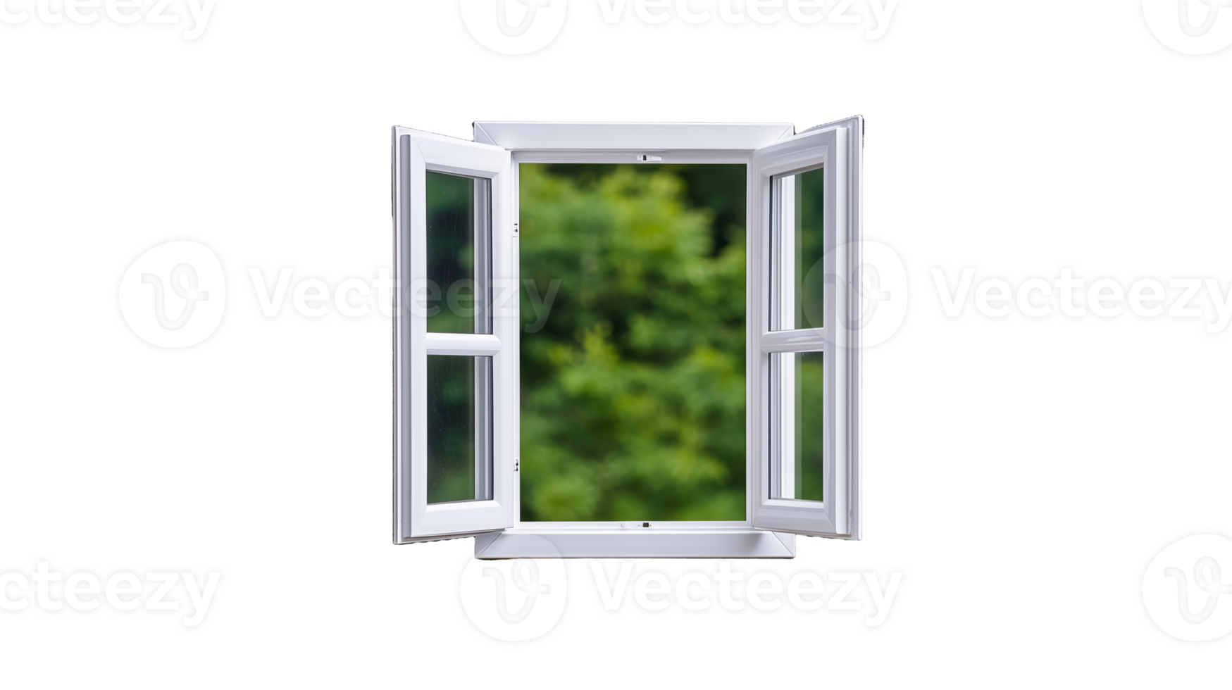 An open window with a view of greenery and blue sky, isolated on a transparent background. Perfect for nature and architecture themes. png