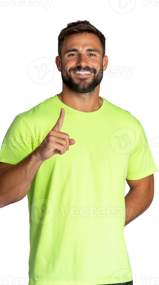 A cheerful man wearing a neon green t-shirt, giving a thumbs-up, isolated on a transparent background. Great for positive and lifestyle themes. png