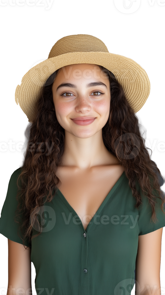 A young woman with long wavy hair wearing a green dress and sunhat, isolated on a transparent background. Perfect for summer and casual fashion themes. png