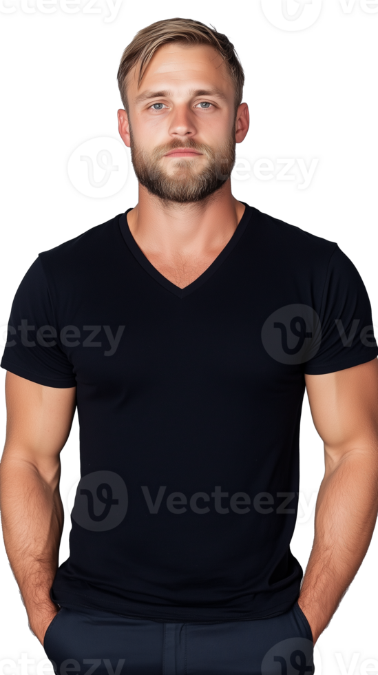 A muscular man in a black t-shirt standing confidently, isolated on a transparent background. Perfect for fitness and casual fashion concepts. png