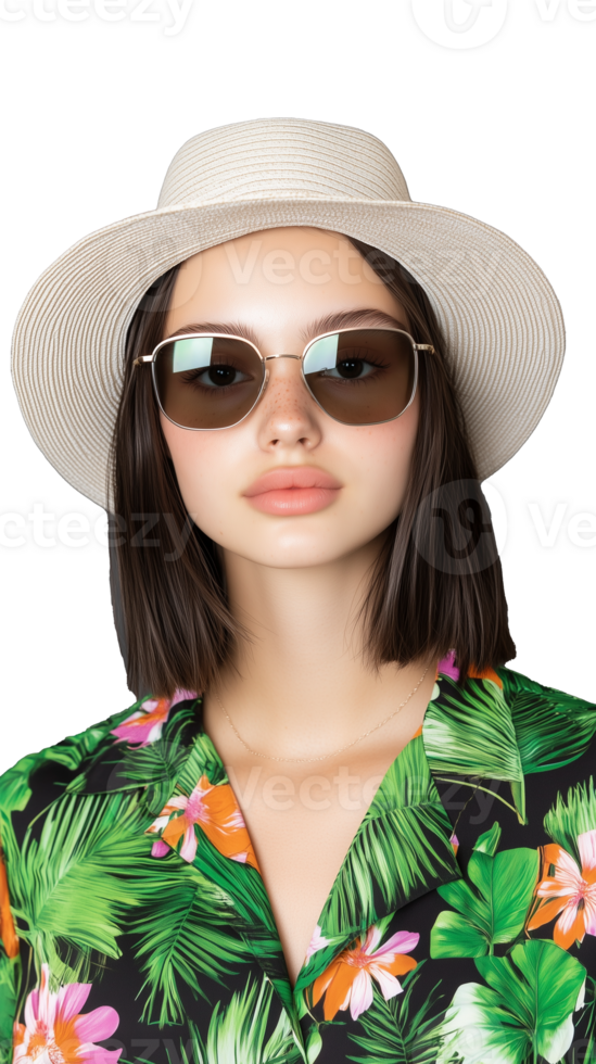 A stylish young woman with sunglasses and wide-brim hat wearing a floral print shirt, isolated on a transparent background. Great for summer fashion and travel themes. png