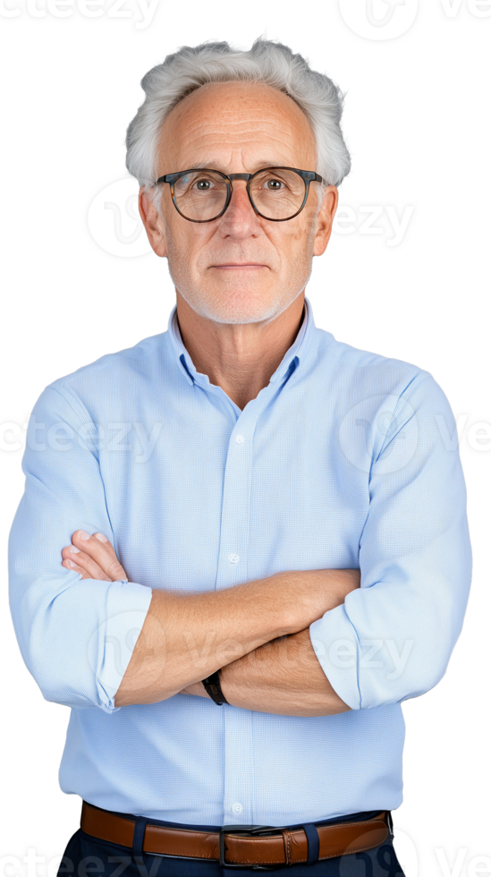 A serious older man with white hair and glasses, arms crossed, isolated on a transparent background. Perfect for business and professional themes. png