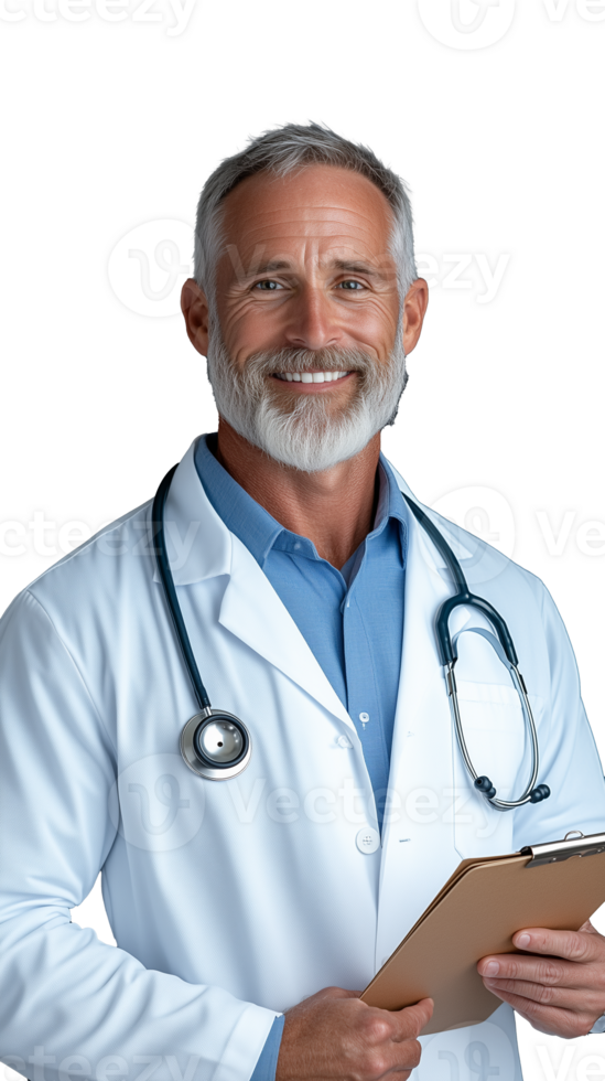A smiling older male doctor with a clipboard, isolated on a transparent background. Ideal for healthcare and medical themes. png