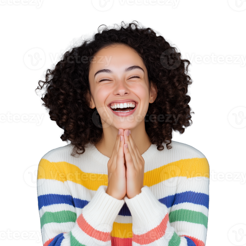 A cheerful young woman with curly hair, smiling with hands in a prayer gesture, isolated on a transparent background. Perfect for positive and gratitude themes. png