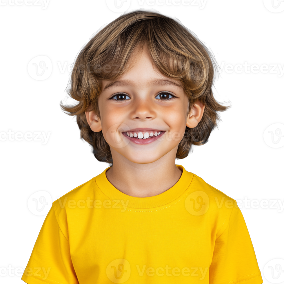 A smiling young boy with curly blonde hair wearing a yellow t-shirt, isolated on a transparent background. Ideal for youth and lifestyle themes. png