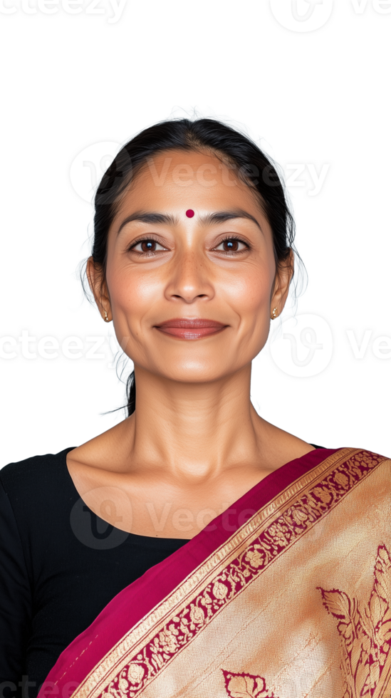 A smiling woman in a traditional sari, isolated on a transparent background. Ideal for cultural and portrait projects. png