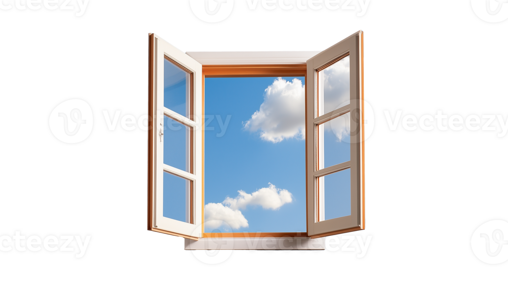 A wooden-framed open window with a view of a blue sky and cloud, isolated on a transparent background. Perfect for architecture and nature projects. png