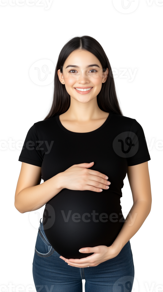 A smiling pregnant woman in a black t-shirt, holding her belly, isolated on a transparent background. Ideal for maternity and family projects. png